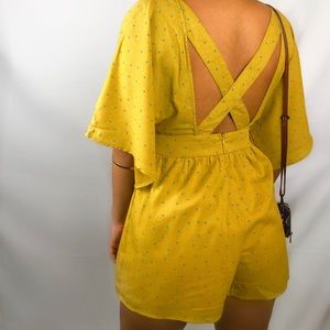 Yellow Kimono Romper with Blue Polka Dots